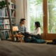 Ein Mann und eine Frau sitzen im Wohnzimmer vor einem Fenster und unterhalten sich. Links von ihnen steht ein großes Bücherregal und ein kleiner Tisch mit einer Lampe.