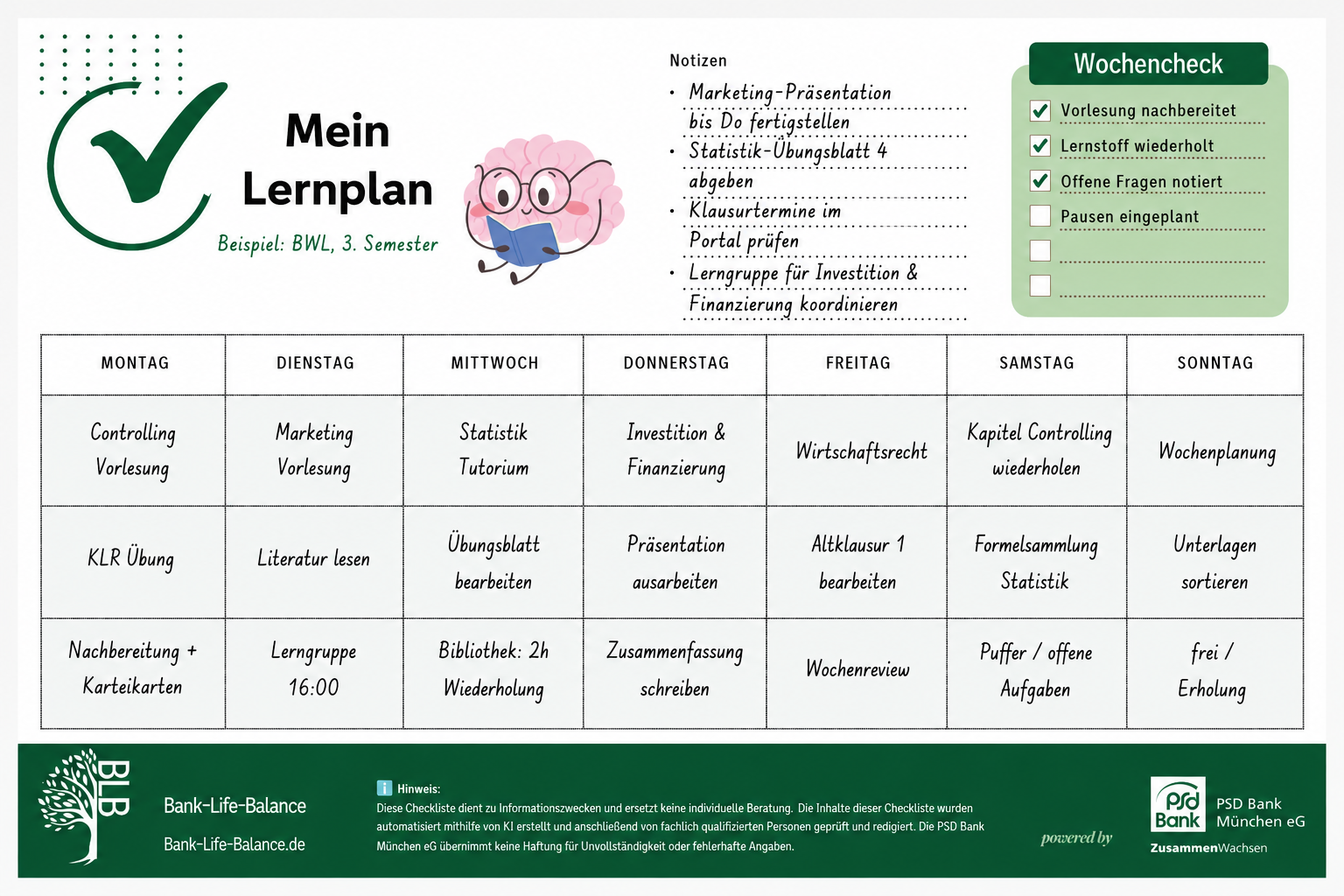 Beispiel eines ausgefüllten Lernplans für ein BWL-Studium im dritten Semester.