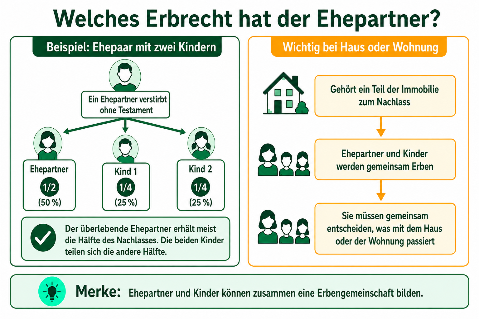Zwei Grafiken zum Thema Erbrecht des Ehepartners. Zwei Grafiken zum Thema Erbrecht des Ehepartners.