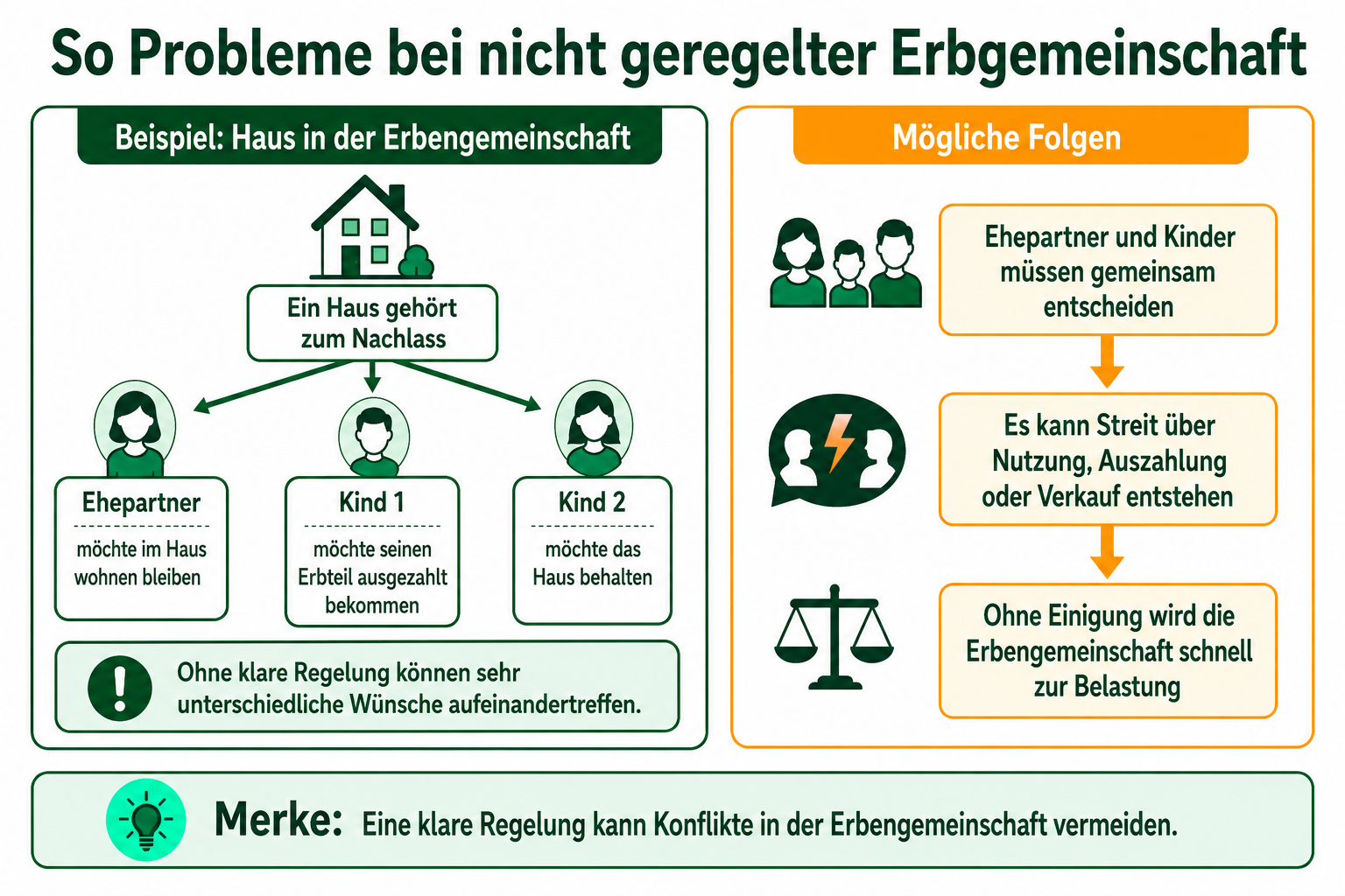 Zwei Grafiken, die die Probleme einer nicht geregelten Erbgemeinschaft darstellen. Zwei Grafiken, die die Probleme einer nicht geregelten Erbgemeinschaft darstellen.