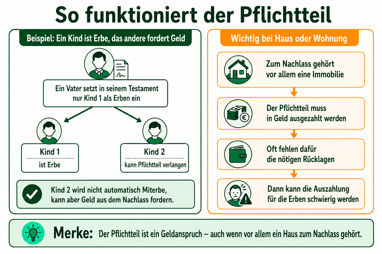 Zwei Grafiken. Links erklärt, wie der Pflichtanteil ist, wenn ein Kind Erbe ist und das andere fordert seinen Pflichtanteil. Rechts erklärt, was wichtig in Bezug auf Immobilien ist. Zwei Grafiken. Links erklärt, wie der Pflichtanteil ist, wenn ein Kind Erbe ist und das andere fordert seinen Pflichtanteil. Rechts erklärt, was wichtig in Bezug auf Immobilien ist.