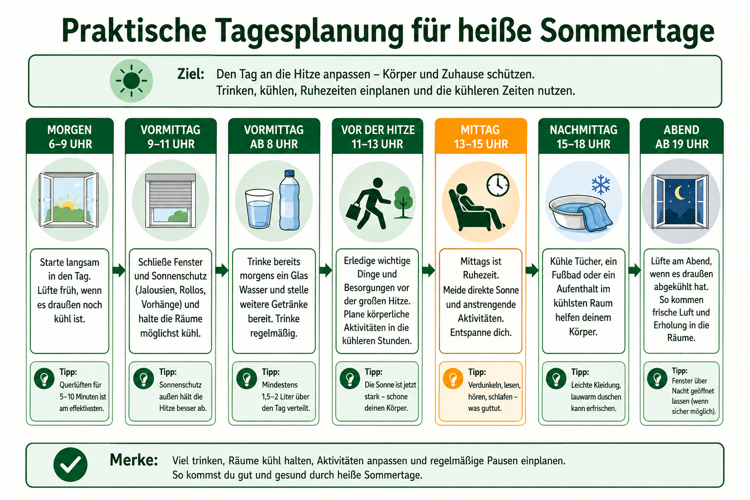 Eine Grafik mit der Überschrift „Praktische Tagesplanung für heiße Sommertage“. Erklärt wird, wie man seinen Tag idealerweise von morgens bis abends plant. Vor der Hitze lüften und dann abdunkeln, schon früh mit dem Wasser trinken anfangen sowie wichtige Erledigungen bereits tätigen. Mittags Ruhephase. Nachmittags abkühlen. Abends lüften.