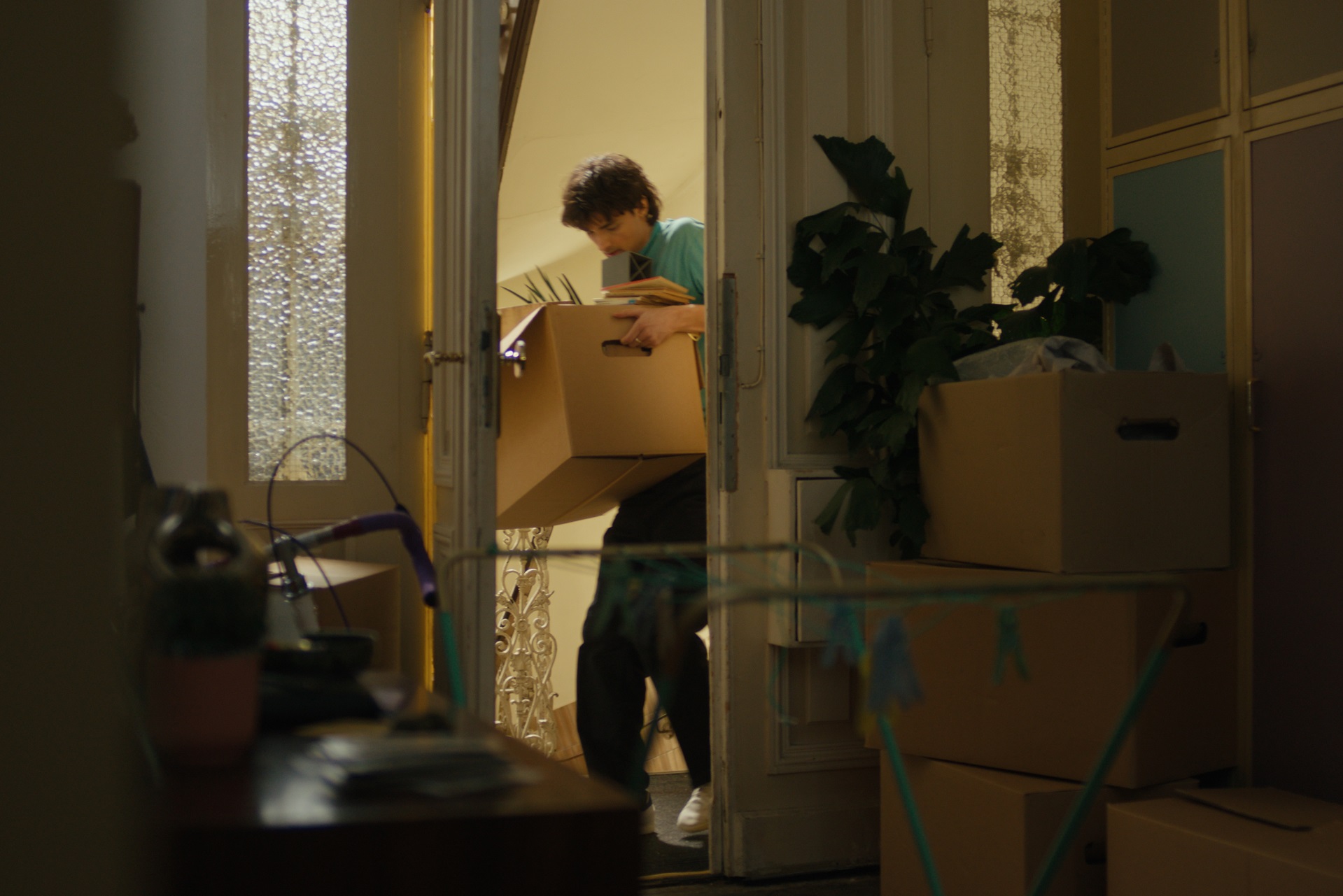 Ein junger Mann trägt eine volle Umzugskiste in die Wohnung. Er geht damit gerade durch die halb geöffnete Tür in die dunkle Wohnung. Der Hausgang ist hell beleuchtet. Ein junger Mann trägt eine volle Umzugskiste in die Wohnung. Er geht damit gerade durch die halb geöffnete Tür in die dunkle Wohnung. Der Hausgang ist hell beleuchtet.