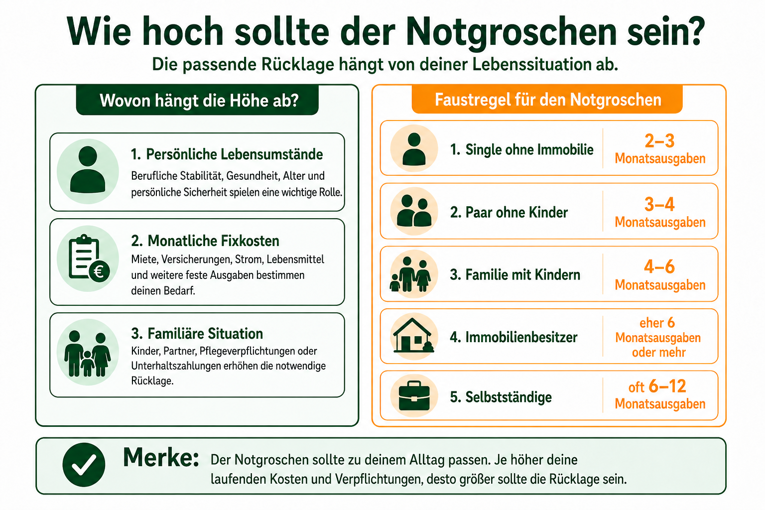 Grafik zum Thema „Wie hoch sollte der Notgroschen sein?“. Links eine Aufzählung, wovon die Höhe abhängt (Lebenssituation, monatliche Fixkosten, familiäre Situation). Rechts fünf Faustregeln für den Notgroschen