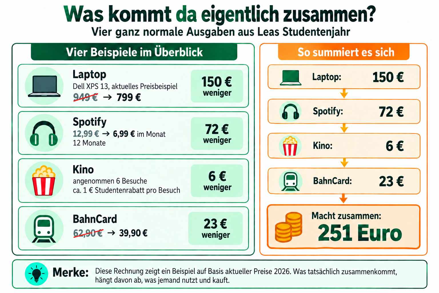 Eine Grafik, die zeigt, wo sich Studenten Geld sparen könne, beispielsweise bei Laptop, Musik, Kino, Zug. Stand 2026 kann man sich hier als Student ca. 251 Euro sparen.